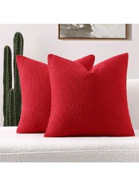 Red Boucle Decorative Pillow Covers SQUARE 16x16” (2-Pack)